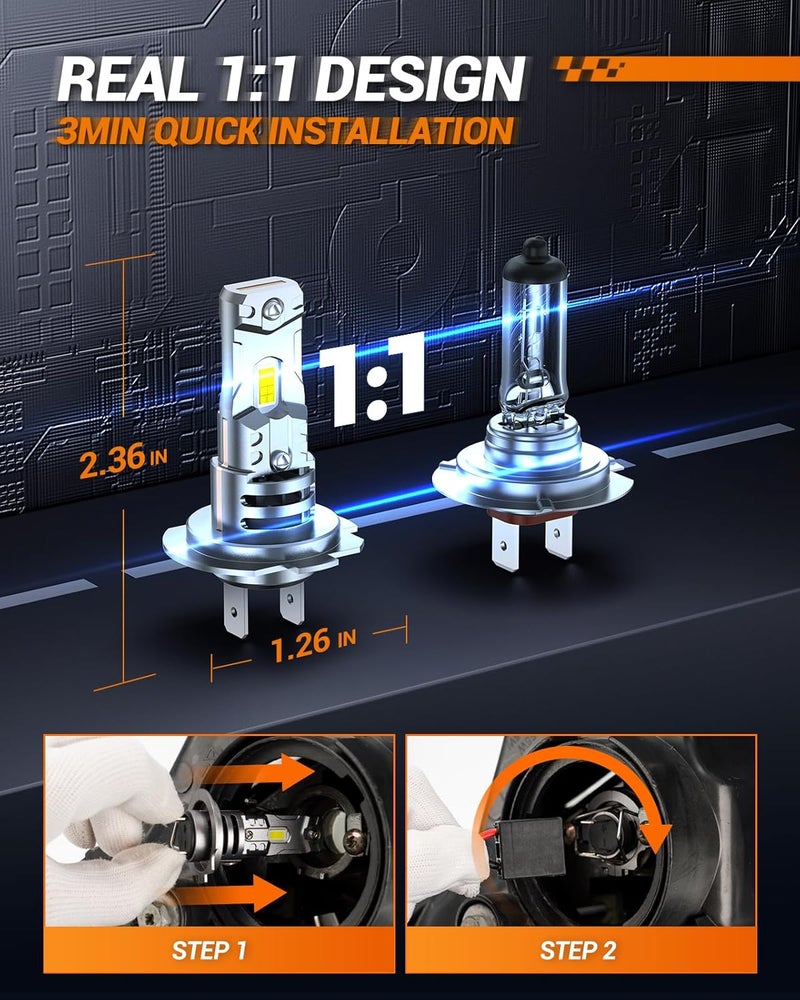SEALIGHT H7 LED Bulbs, 44000LM 800% Super Brighter, 1:1 Halogen Size, 6500K Cool White, 60,000Hrs Long Service Life with Cooling Fan, Plug and Play, Pack of 2 - Image 5